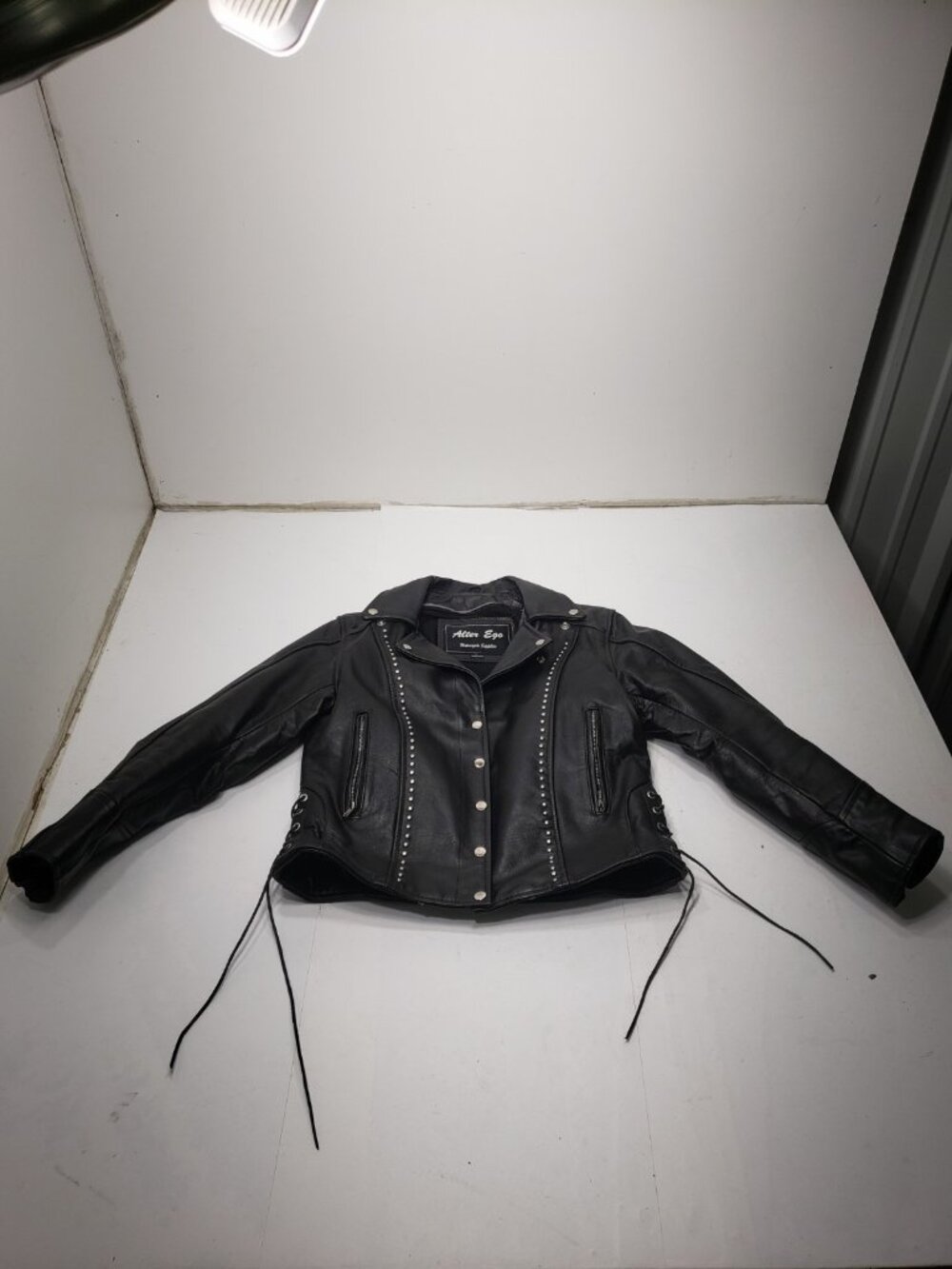 Alter Ego Leather Motorcycle Jacket Womens L Black Studded Lace Up Biker